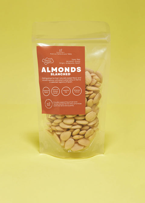 almonds blached sustainably cultivated in Spain.